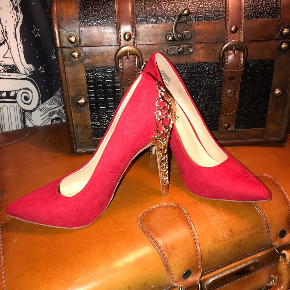 Just Fab Red Suede and Gold Stilettos